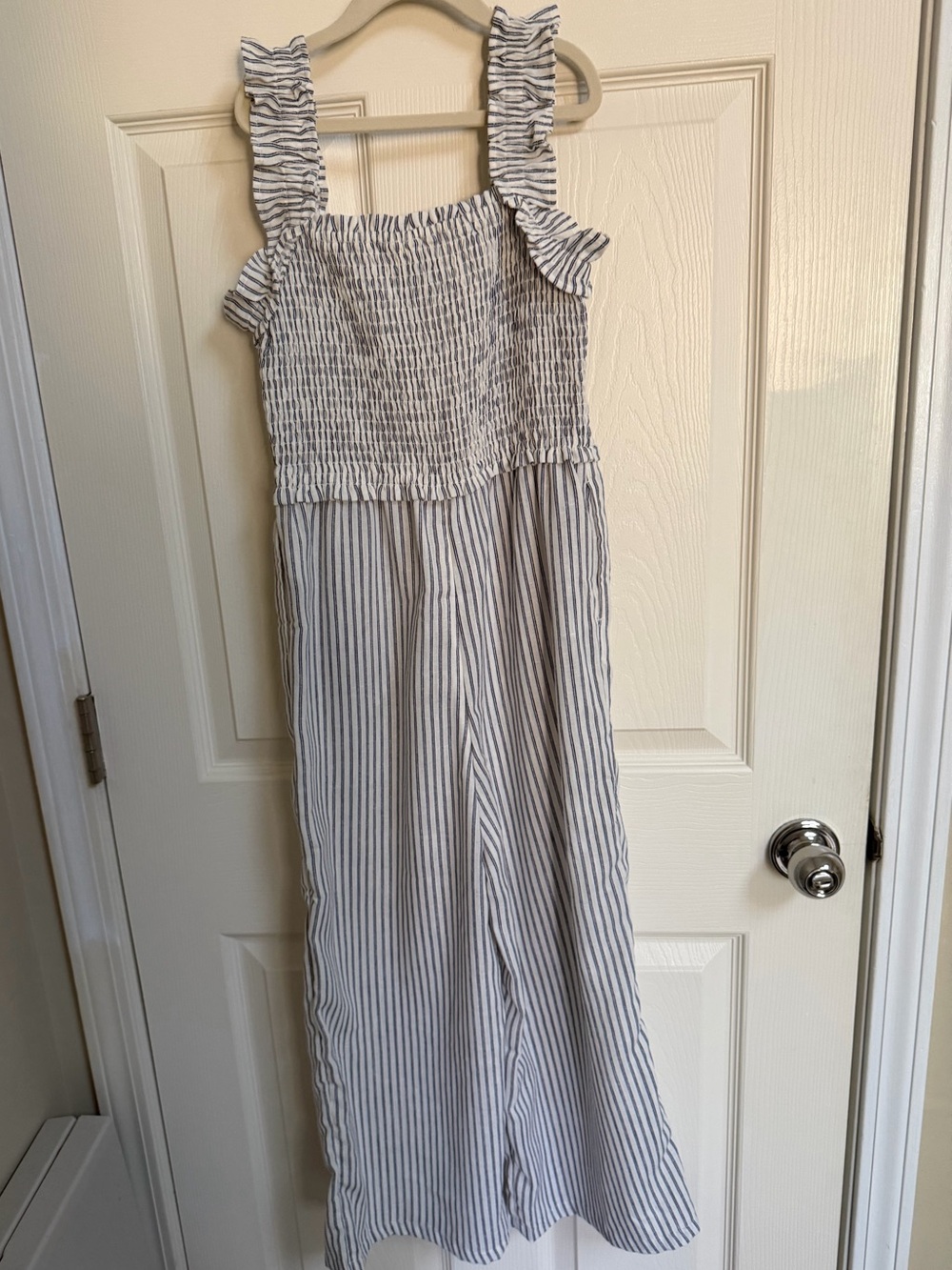 Girls Striped Smocked Ruffle Strap Jumpsuit